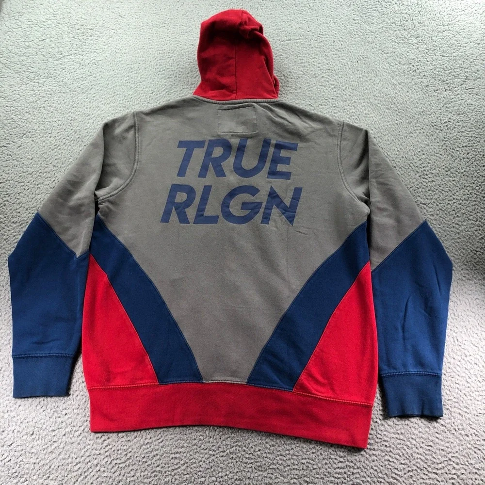 True Religion Hoodie Mens Extra Large Gray Red Blue Colorblock Full Zip Y2K